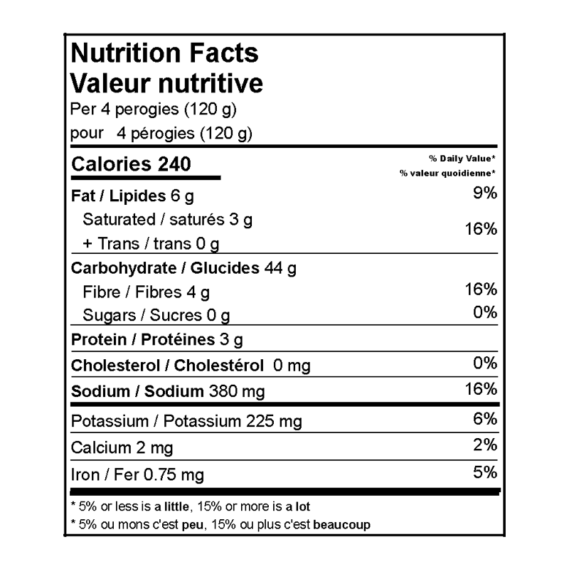Plant Based Cheddar Style Perofies - Quesava Nutritional Facts Table
