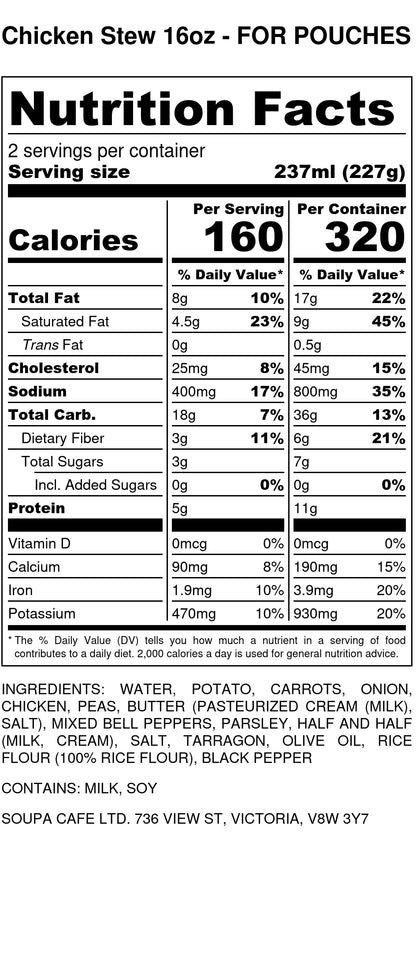Chicken Stew - Soupa Cafe Nutritional Facts Table