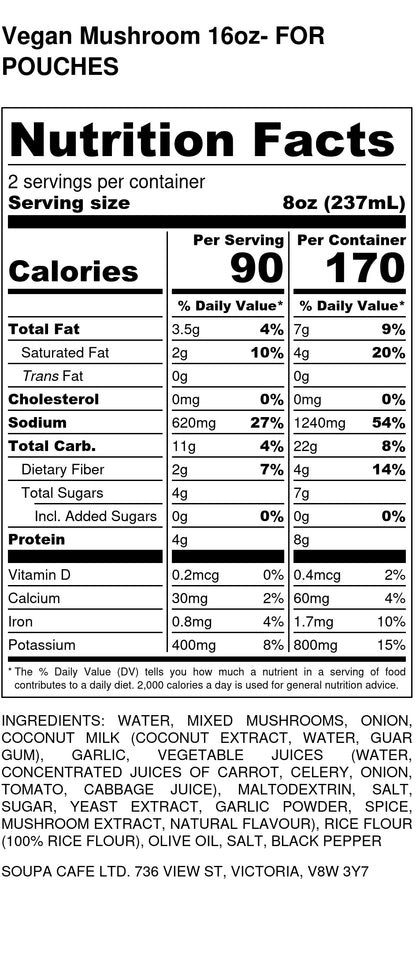Creamy Mushroom - Soupa Cafe Nutritional Facts Table