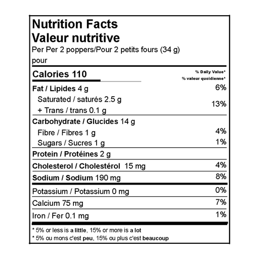 Quesava 3 Cheese Garlic & Onion Geese Poppers Nutritional Facts Table