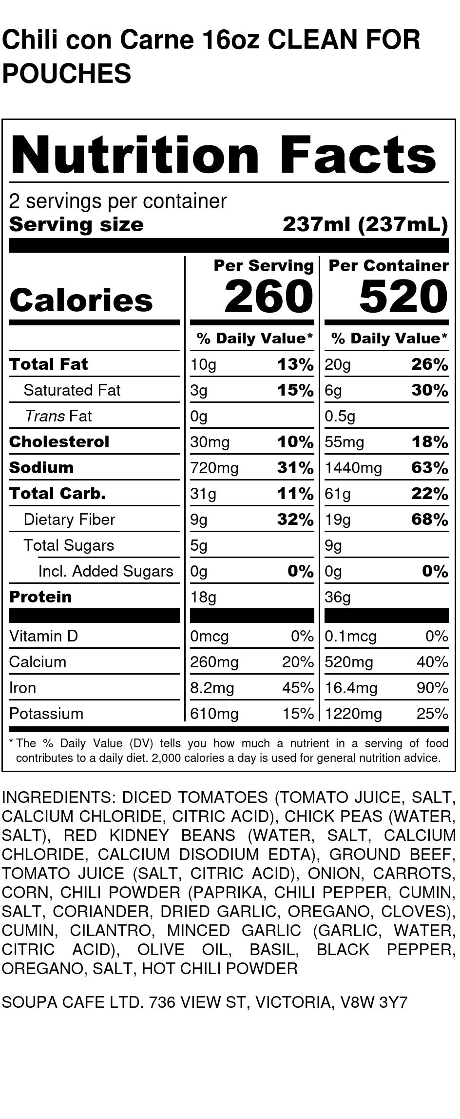 Chili Con Carne - Soupa Cafe Nutritional Facts Table