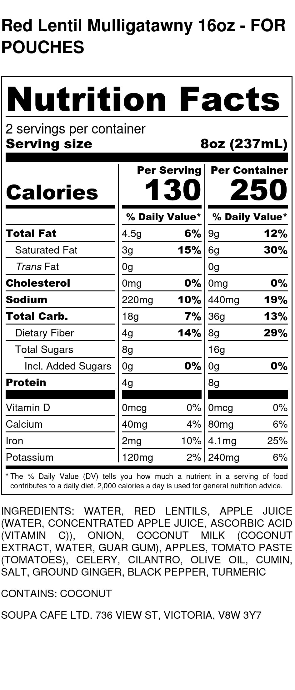 Red Lentil Mulligatawny - Soupa Cafe Nutritional Facts Table