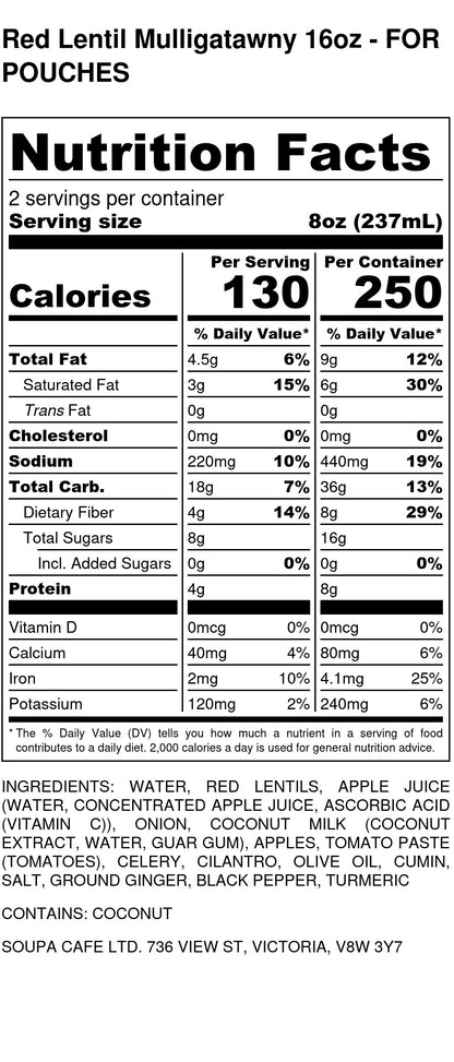 Red Lentil Mulligatawny - Soupa Cafe Nutritional Facts Table